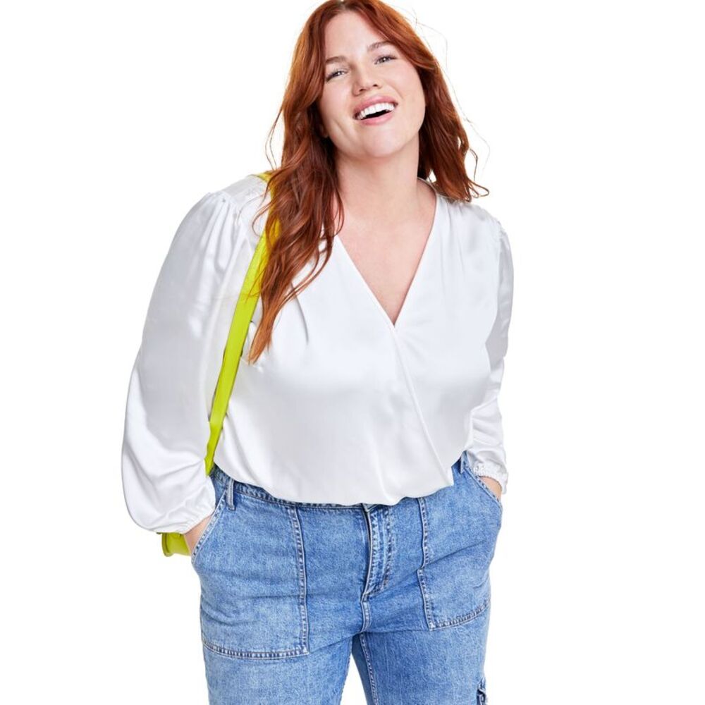 On 34th Plus Size Satin Surplice-Neck Bodysuit